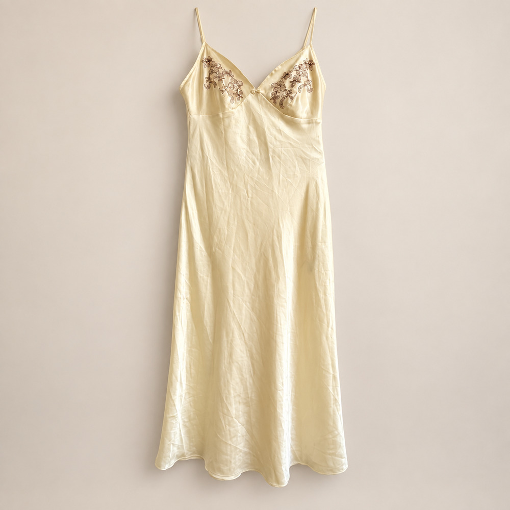 Vintage 90s Jones New York Ivory Satin Embroidered Maxi Slip Dress M